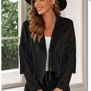 Black Fringe Leather Jacket - Women